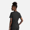 A black women's notched crew neck top displayed from the back, featuring a fitted silhouette.