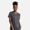 A women's notched crew neck top in dark grey, featuring a relaxed fit and subtle branding.