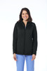 A women's fleece jacket in black, featuring a zip front and a stand-up collar, modelled by a woman.