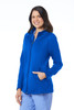 A woman's warm-up fleece jacket in bright blue, featuring a zip front and side pockets, with a branded logo.