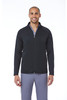 A men's warm-up fleece jacket in black, featuring a zip-up front and a logo on the chest.