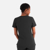 A black women's layered V-neck top, featuring short sleeves and a tailored fit. The back view highlights its sleek design.