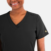 A women's black layered V-neck top with short sleeves and a logo on the sleeve.