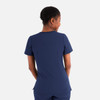 A navy blue layered V-neck top for women, featuring short sleeves and a fitted design with a back view.