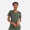 A women's layered v-neck top in olive green, featuring short sleeves and a fitted design. The top has a logo.