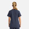 A women's short-sleeve v-neck top in navy, featuring a sleek design and a logo.