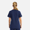 A navy V-neck top with short sleeves, featuring a sleek design and a logo on the back.