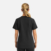 A women's black V-neck top with short sleeves and a fitted design, featuring a smooth back.