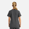 A women's grey V-neck top featuring a fashionable cut and short sleeves, with a simple logo on the back.
