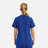 A women's blue V-neck top with a fitted design and short sleeves, featuring a branding logo on the back.