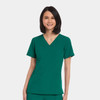 A women's v-neck top in teal green, featuring short sleeves and a simple design, with a logo on the sleeve.