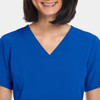 A blue women's V-neck top with short sleeves, featuring a logo.