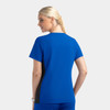 A women's mock wrap top in royal blue with black contrast panels, featuring a sleek, modern design and a logo.