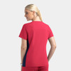 A women’s mock wrap top featuring contrast panels in red and navy. The top has a relaxed fit and short sleeves.