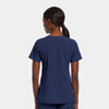 A navy blue women's mock wrap top, featuring short sleeves and a simple design, with a logo on the back.