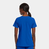 A women's mock wrap top in bright blue, featuring short sleeves and a relaxed fit. Includes a branding logo.
