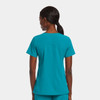 A women's mock wrap top in teal colour, featuring a simple design and a logo on the back.