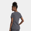 A grey women's dolman top with a notched neck, featuring short sleeves and a fitted style.