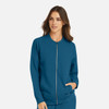 A women's full zip bomber jacket in a rich teal colour, featuring a sleek design and zip closure.