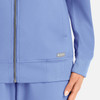A full zip bomber jacket in light blue, featuring a branded logo and ribbed cuffs.