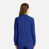 A women's full zip bomber jacket in blue, featuring long sleeves and a collar, shown from the back.