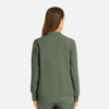 A women's full zip bomber jacket in green, featuring a simple design and a stylish back view.