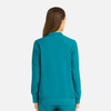 A teal women's bomber jacket with a full zip and a simple design, featuring a logo on the back.