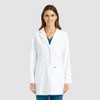 A white mid-length lab coat with a pocket, featuring long sleeves and a button closure, worn by a smiling woman.