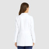 A white women's lab coat with a tailored fit, featuring long sleeves and a back view.