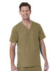 A men's V-neck top in khaki with a pocket and short sleeves, featuring a branding logo.
