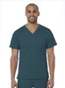 A men’s v-neck top in deep teal, featuring a chest pocket and short sleeves. The product has a logo.