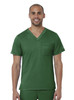 A men's v-neck top in a deep green colour, featuring short sleeves and a chest pocket. It has a logo on the sleeve.