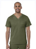 A men's V-neck top in olive green, featuring a pocket and a logo on the sleeve.