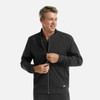 A men's full zip bomber jacket in black, featuring a zipper closure and a side pocket. Includes a logo.
