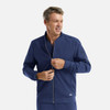 A men's full zip bomber jacket in navy blue, featuring a zippered pocket and a logo on the jacket.