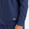 A navy men's full zip bomber jacket featuring a ribbed collar and cuffs, with a logo on the side.
