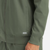 An olive green full zip bomber jacket with a ribbed hem and cuffs, featuring a small logo on the side.