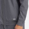 A men's full zip bomber jacket in grey featuring ribbed cuffs and a zip front. It includes a branded logo.