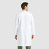 A white, full-length lab coat designed for men, featuring a standard collar and a simple back design.