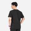 A men's black V-neck top with contrast piping, featuring a back view and a logo on the sleeve.