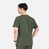 A men's v-neck top in olive green with contrast piping, featuring a back view and a logo.