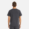 A men's v-neck top in dark grey with a back view, featuring three pockets. It includes a logo.
