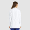 A women's white lab coat with a back view, featuring a fitted silhouette and two buttons on the back.
