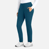 A pair of women's mid-rise tapered pants in teal, featuring side pockets and a logo on the fabric.