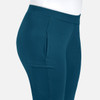 A pair of mid-rise tapered pants in teal, featuring side pockets and a smooth waistband. Includes a logo on the waistband.