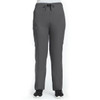 A pair of grey unisex pull-on pants with an adjustable drawstring and side pockets. Features a branding logo.