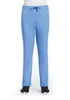 A pair of blue unisex pull-on pants with a drawstring waist, displayed on a model.