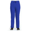 A pair of unisex pull-on pants in a vibrant blue colour with a drawstring waist and pockets, featuring a logo.