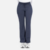 A pair of navy tapered pants with pockets and a drawstring waist, featuring a logo.