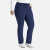 A pair of navy tapered pants with a waistband and pockets, designed for women's yoga. A logo is visible.